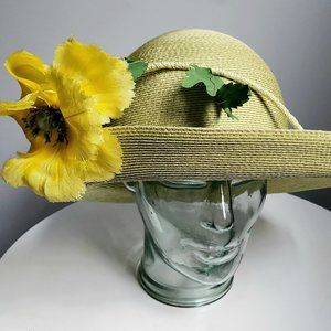 Vintage 1960s Kurt Jr. by Tom Hann green straw hat with yellow flower